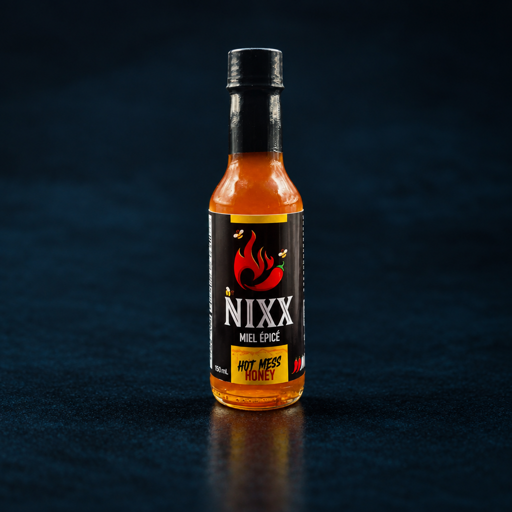 Hot Mess Honey Hot-Sauce bottle on a sand dune background