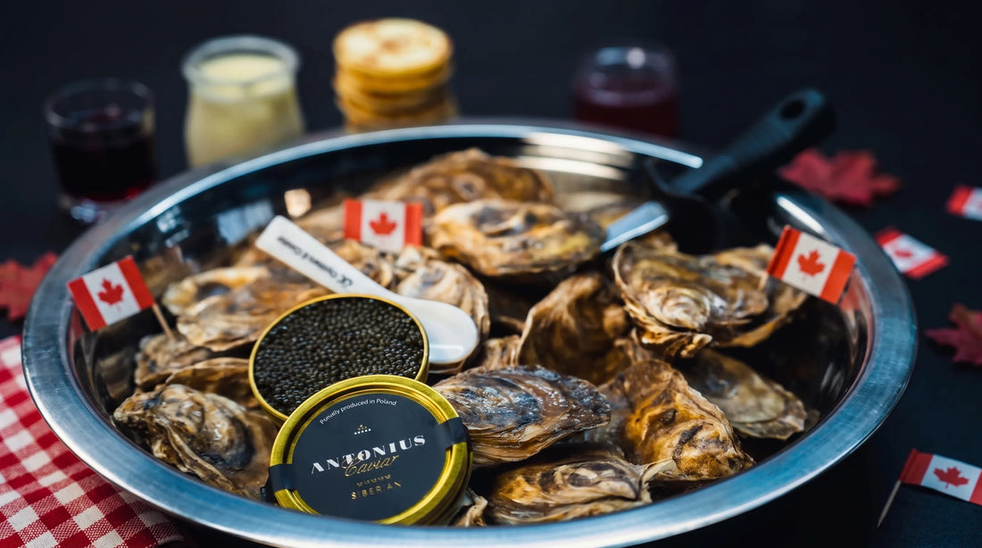 Cold Canada Day seafood table with oysters, caviar, blinis, and creme fraiche