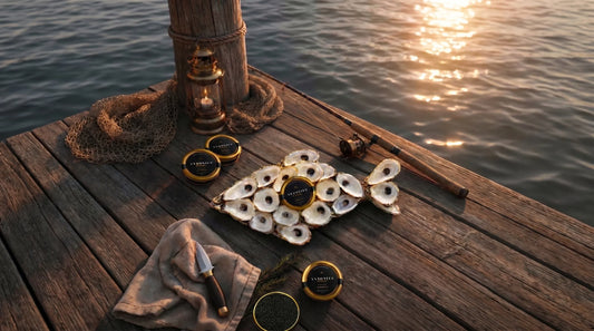 Oysters and caviar served on a dock for a Father's Day seafood gift