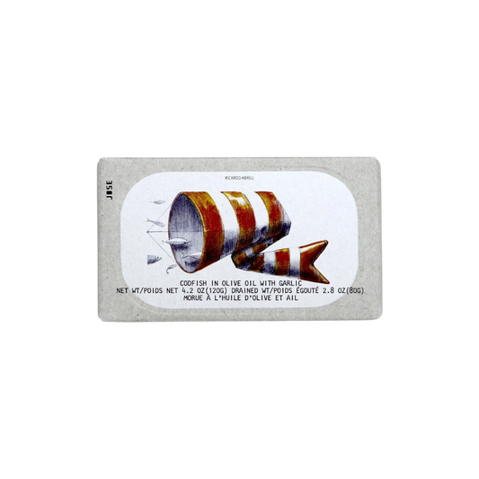 José Gourmet codfish in olive oil with garlic, tin front view