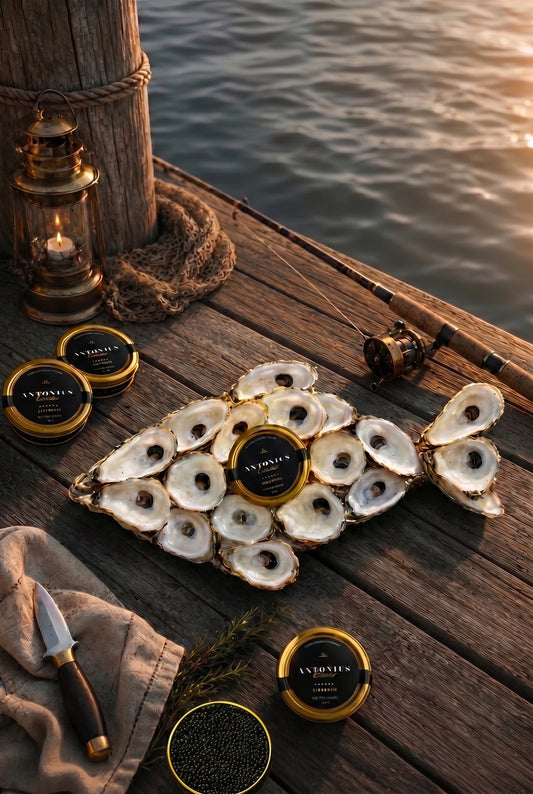 A fish made out of oyster shells, Siberian caviar, and a fishing rod on a wooden deck by the water at sunset