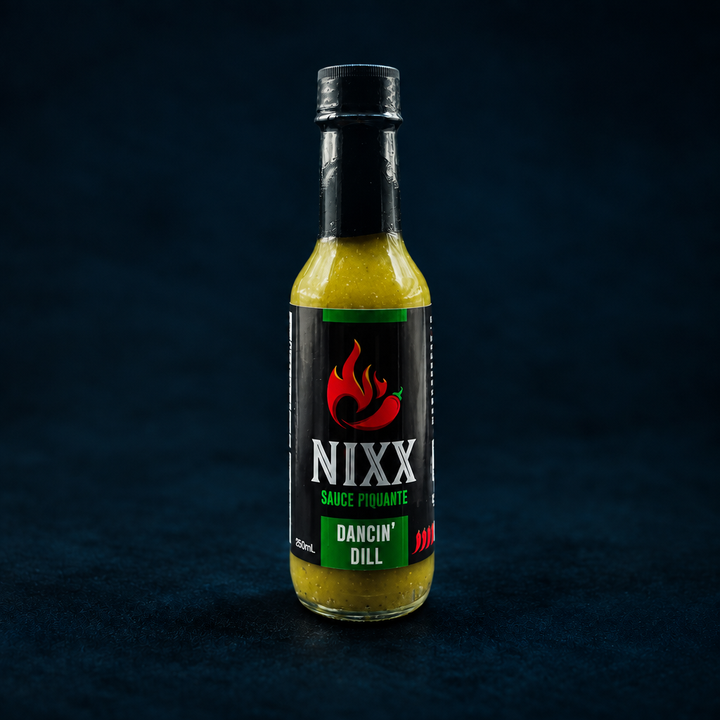 Dancin' Dill Hot-Sauce bottle with matching background