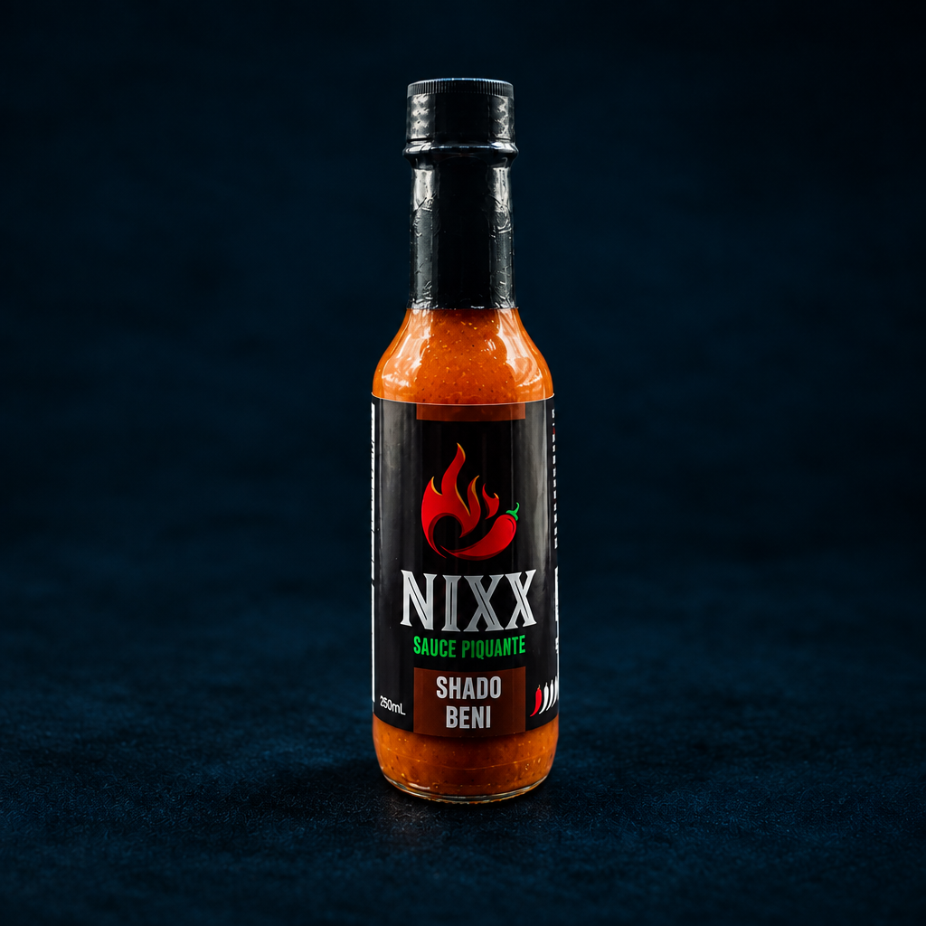 Shado Beni Hot-Sauce bottle on a Limey pepper-style background
