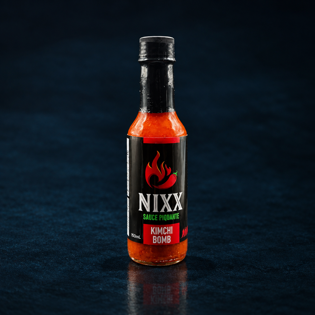 Kimchi Bomb Hot-Sauce bottle on the sand dune background