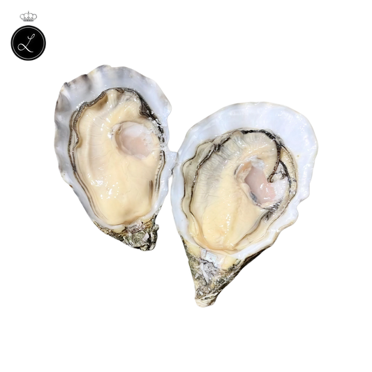 Two open lamaison oysters on a white background with a logo in the corner.