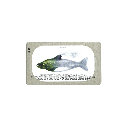 José Gourmet smoked trout fillets in olive oil, tin front view